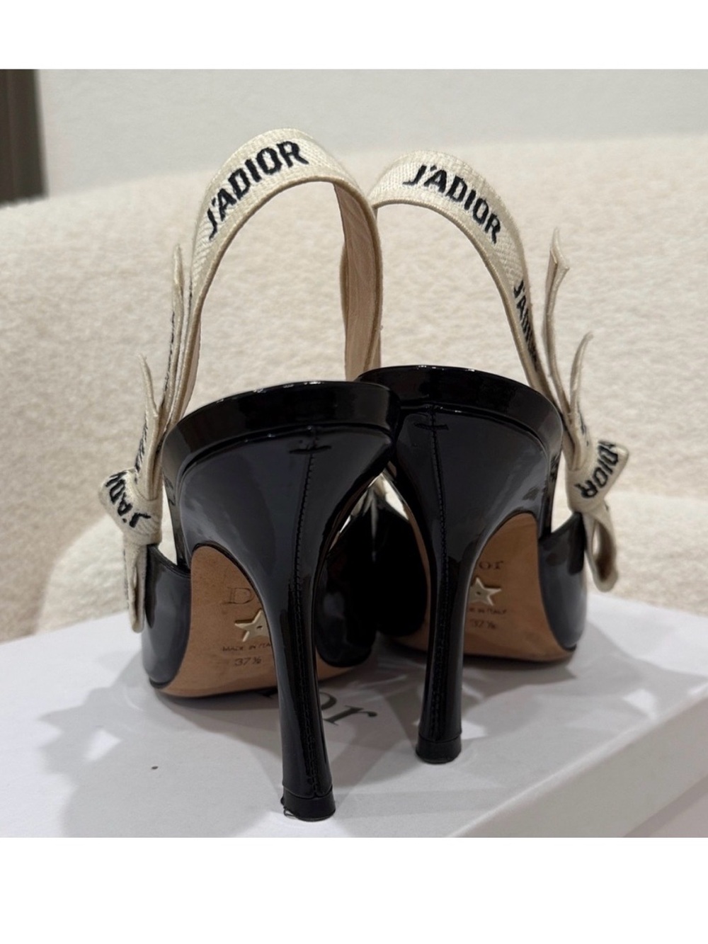 Dior Black Patent J'Adior Slingback Heels with Ivory Logo Ribbon - Picture 4 of 6
